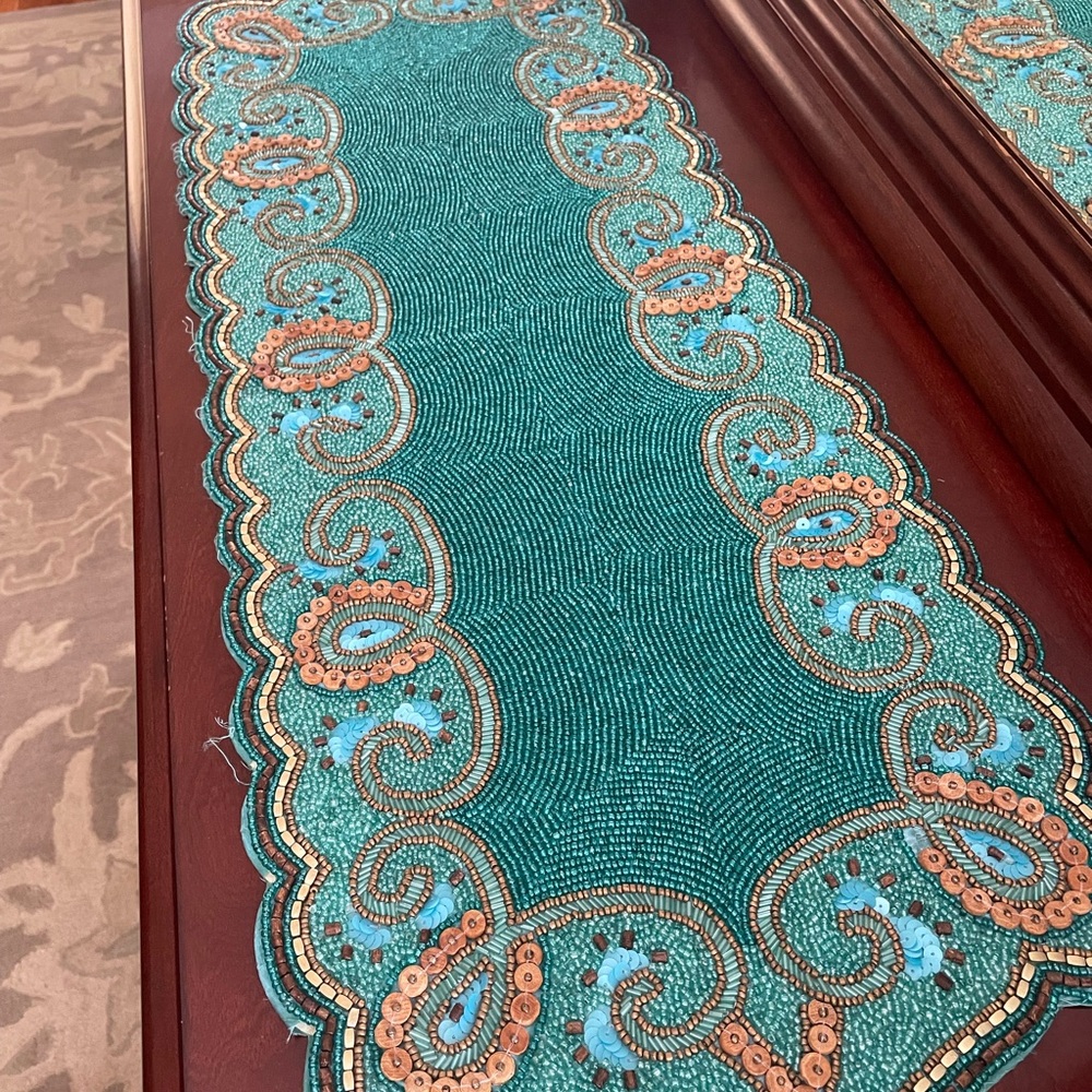 Pier 1 Turquoise and Gold Beaded Table Runner